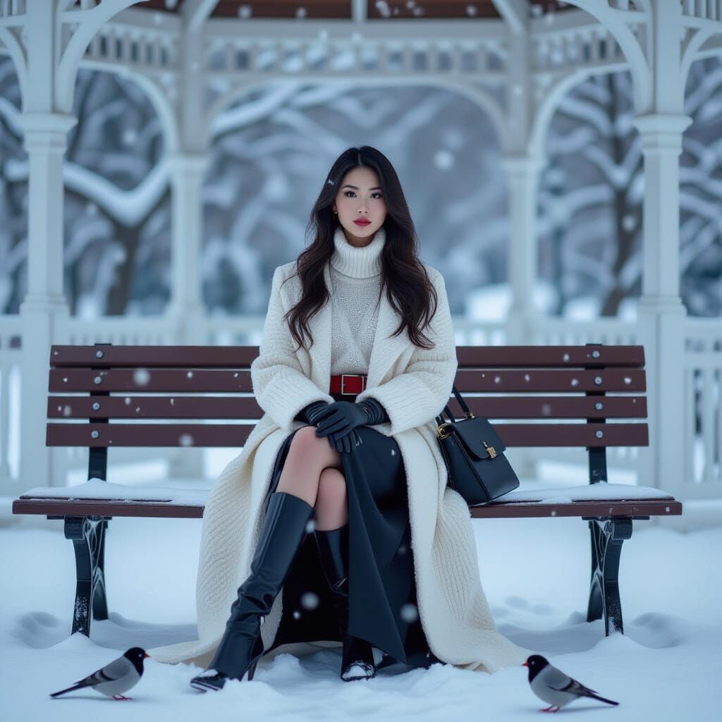 Asian Woman in Snowy Gazebo: Realistic Digital Art