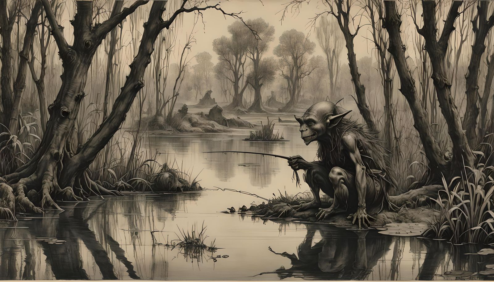 Goblin Fishing in Swamp: Hyperdetailed Charcoal Drawing