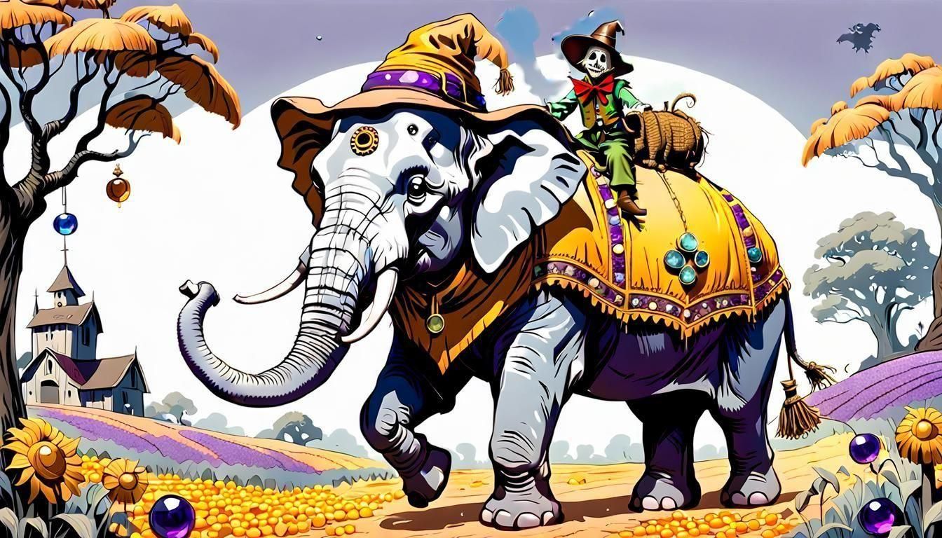 Scarecrow Rides Elephant in Cartoon Comic Art