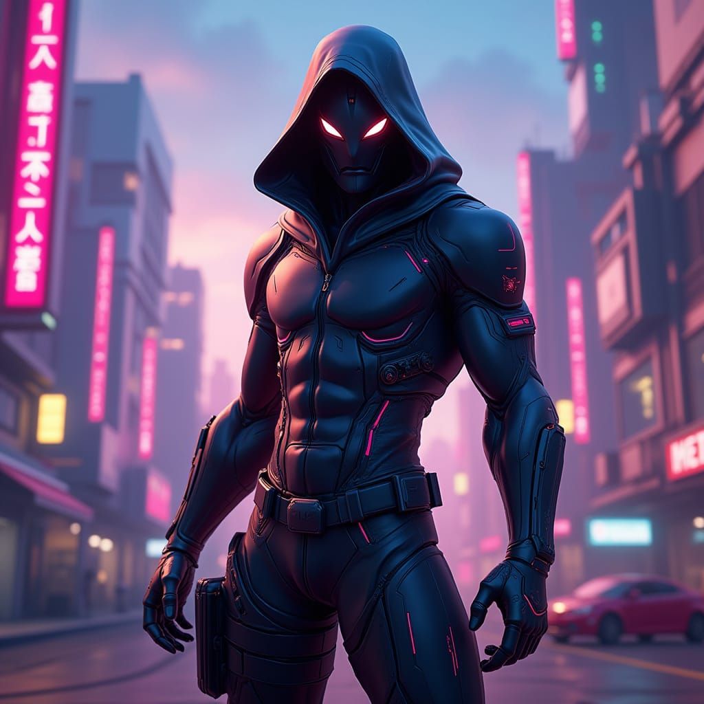 Cyberpunk ORO in High-Tech Exosuit Poses Heroically at Dusk