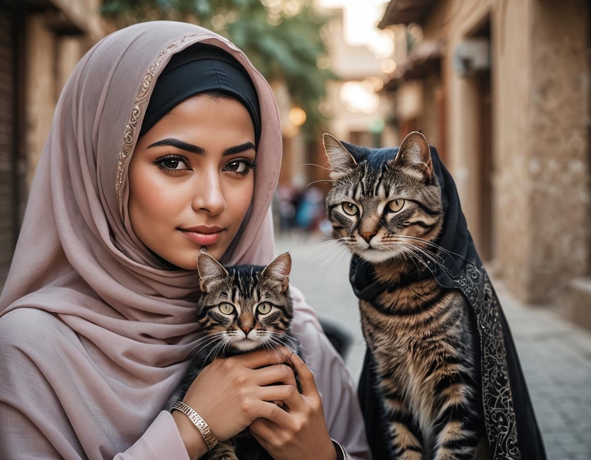 Arabic Woman with Burka and Cat Portrait