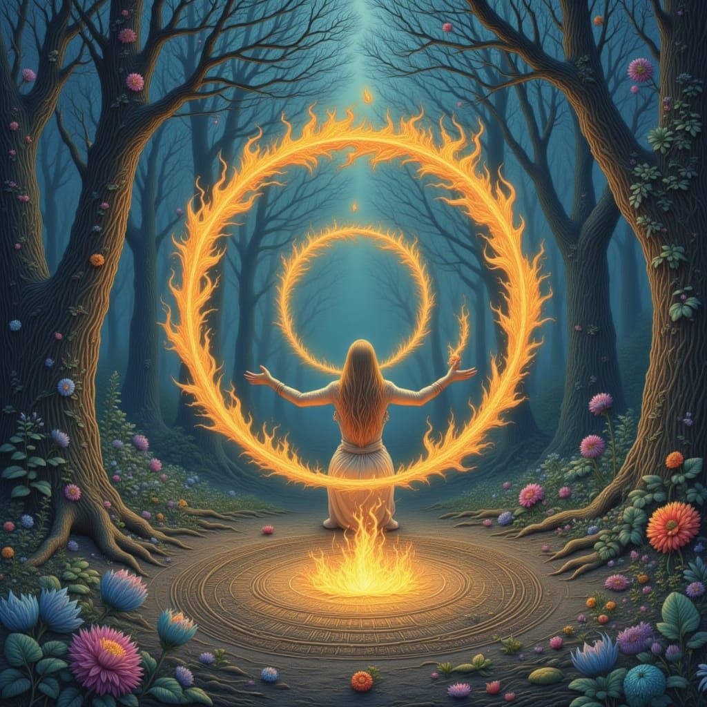 Pastel Witch Spellcasting With Golden Fire Ring