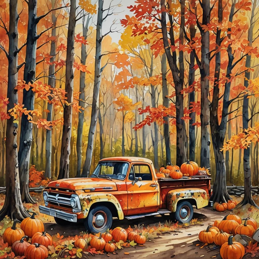 Autumn Pumpkins in Forest, Gouache Style