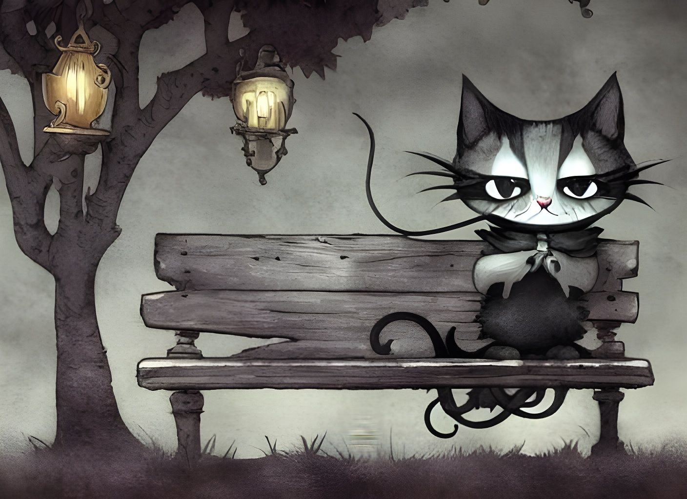 Demon Kitty Portrait in Gris Grimly Comic Style