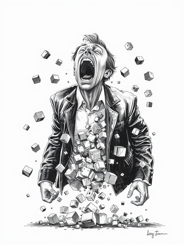 Man Disintegrates into Cubes in Disturbing Pencil Drawing