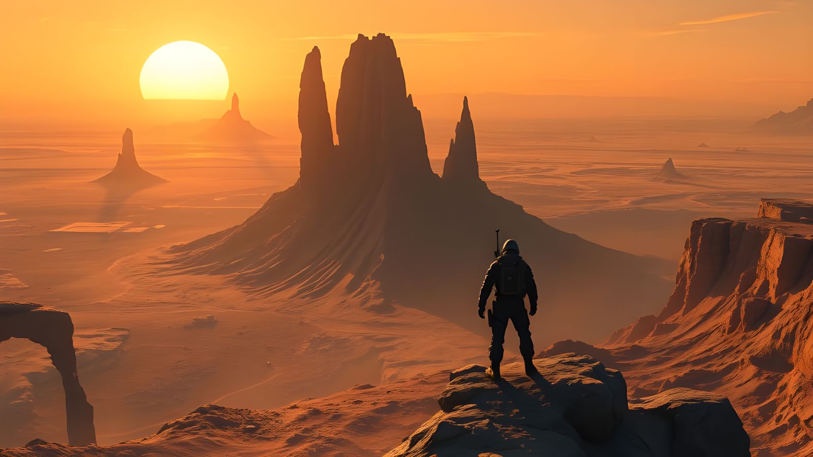 Alien Mesa Overlook: Adventurer Gazes at Binary Sunset Deser...