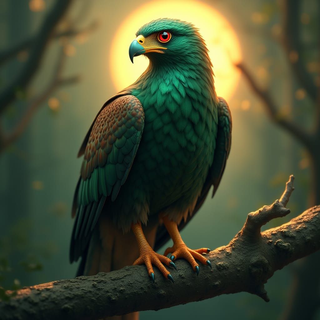 Majestic Dark Green Hawk with Ruby-Red Eyes Standing on Anci...