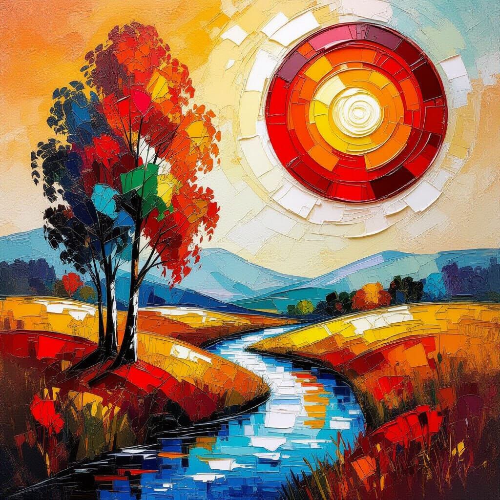 Abstract Landscape: Fiery Tree and River Painting
