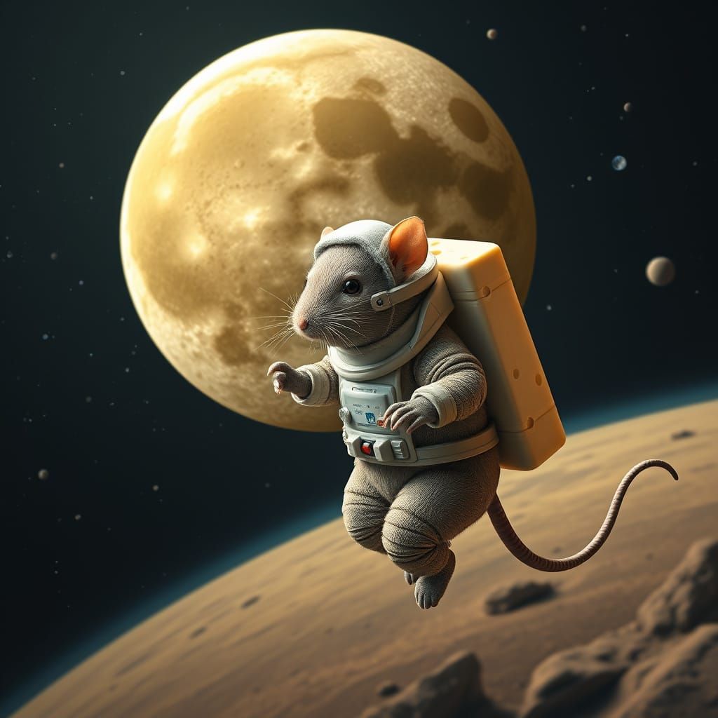 Mouse in Space Suit Orbiting a Cheesy Moon
