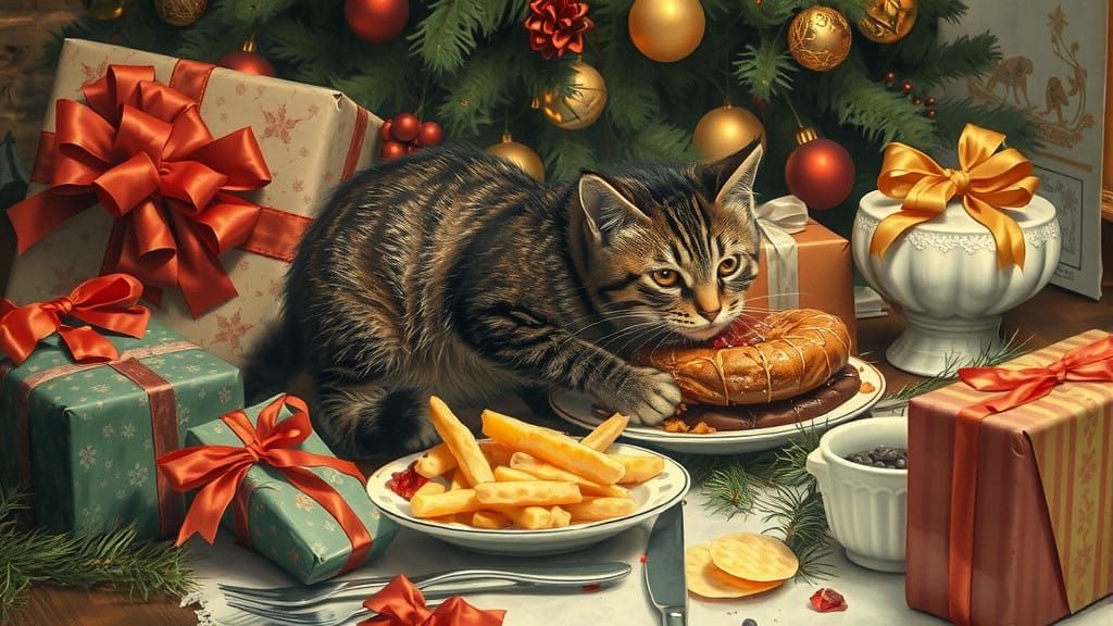 Cozy Feline Amidst Holiday Clutter