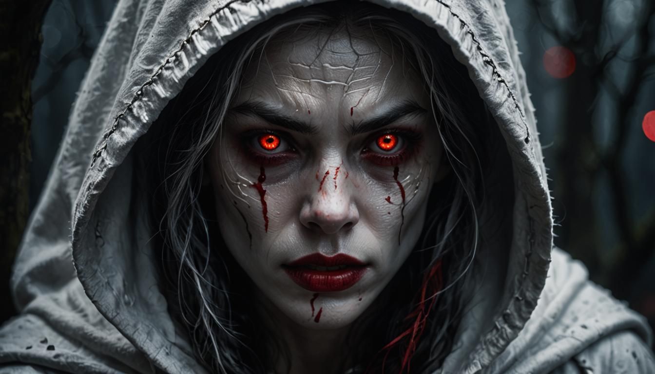 Silver Hooded Woman with Red Eyes in Dramatic Lighting
