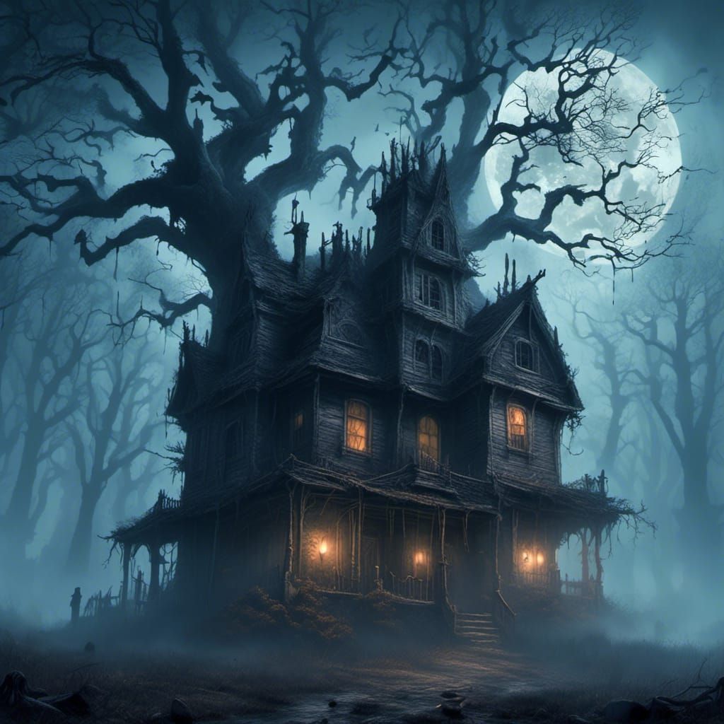 Eerie Haunted House in Misty Forest: Dark Fantasy Art