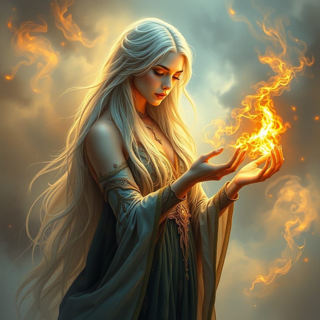 Ethereal Sorceress Unleashes Fiery Magic Amidst Whispering M...