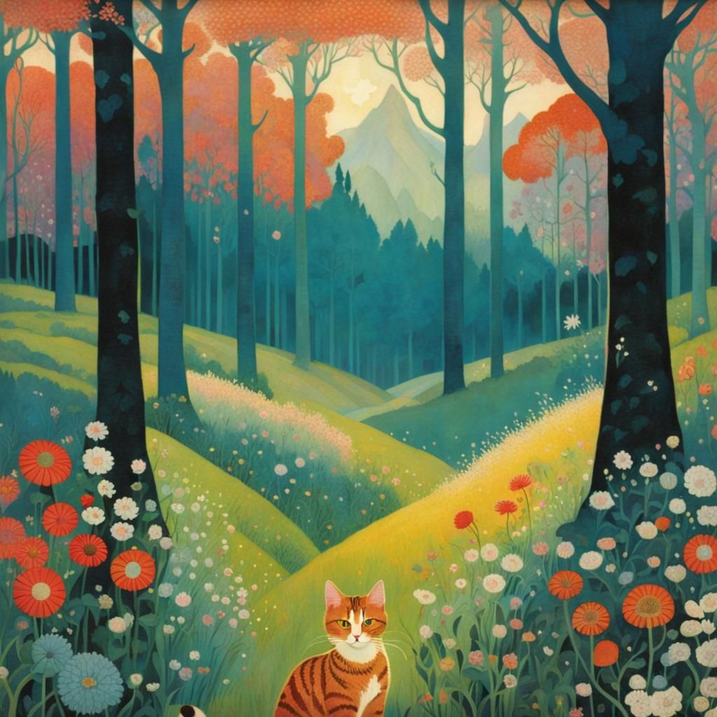 Cat in Flower Meadow, Golden Age Illustration