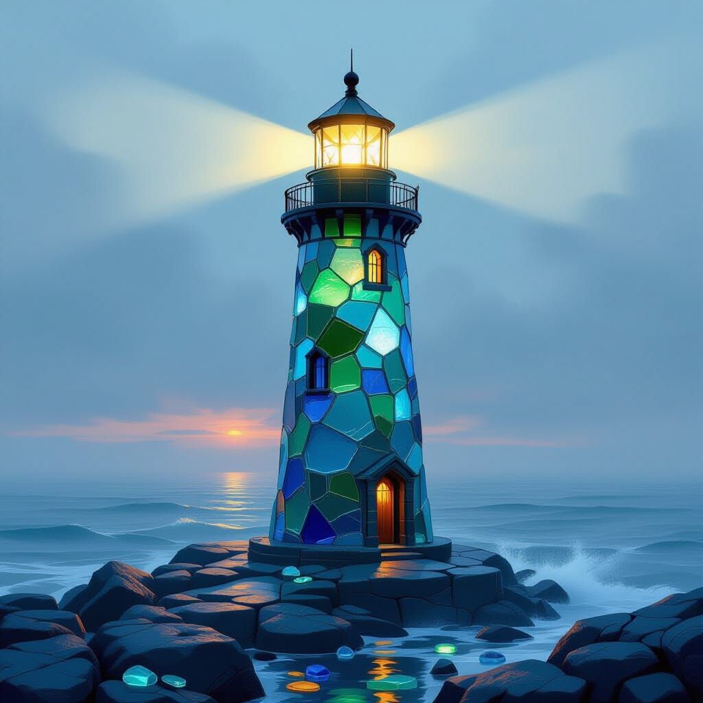 Emerald Sea Glass Lighthouse in Twilight Mist