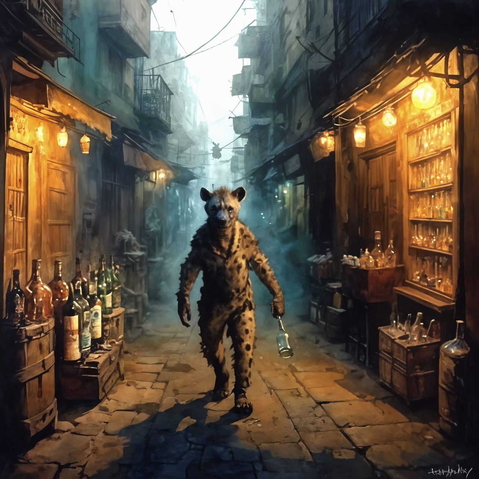 Anthropomorphic Hyena Prowling Calcutta Alleyway