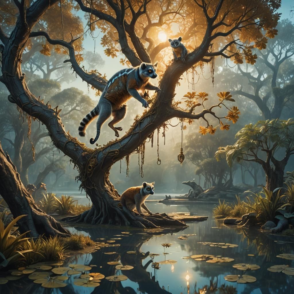 Clockwork Lemur Leaping: Vibrant Oil Painting