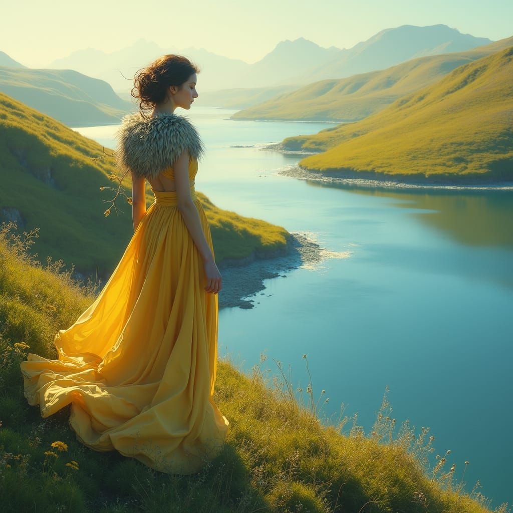 Dreamlike Woman with Leopards in Ethereal Landscape