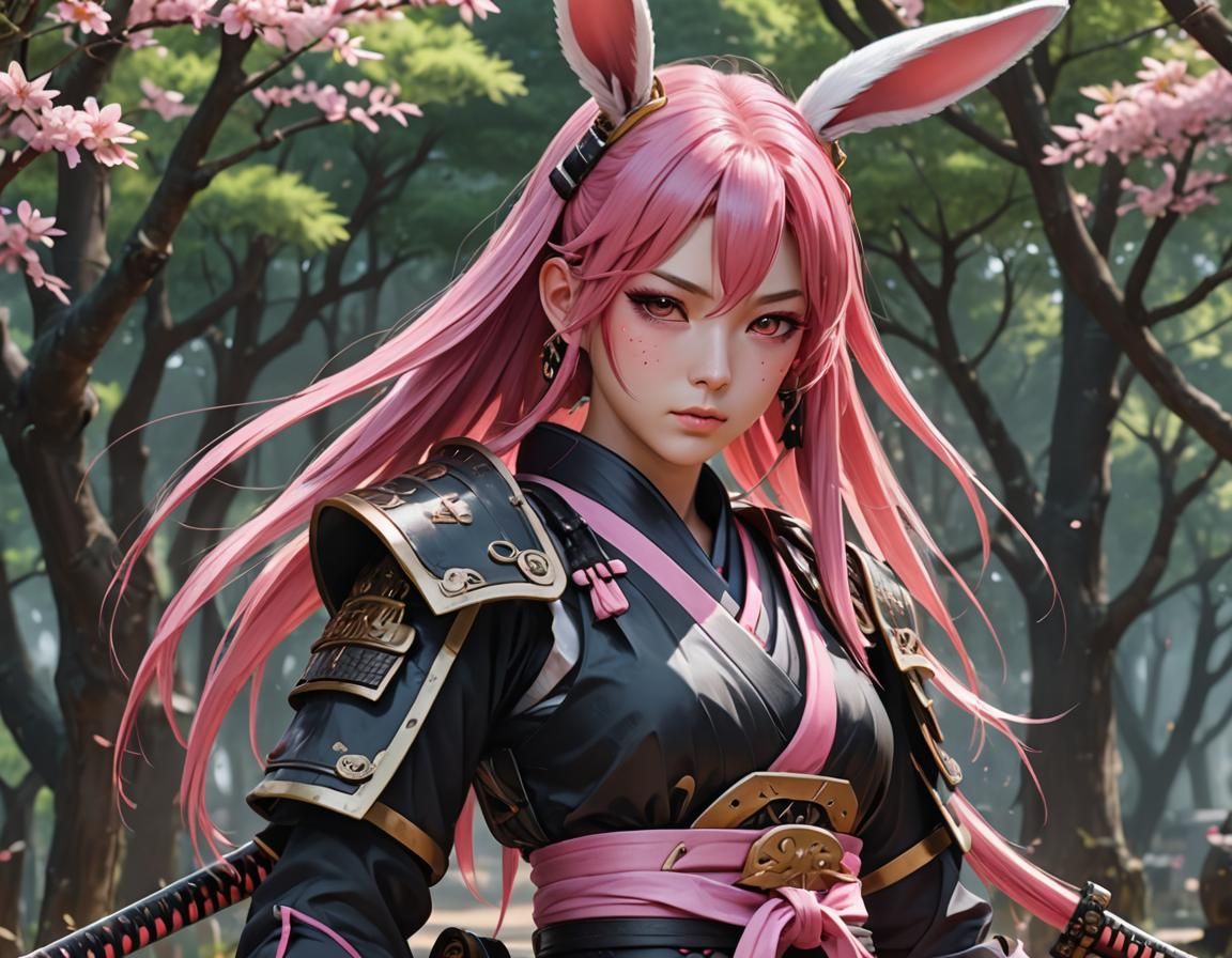 Samurai Girl with Bunny Ears in 3D Anime Art