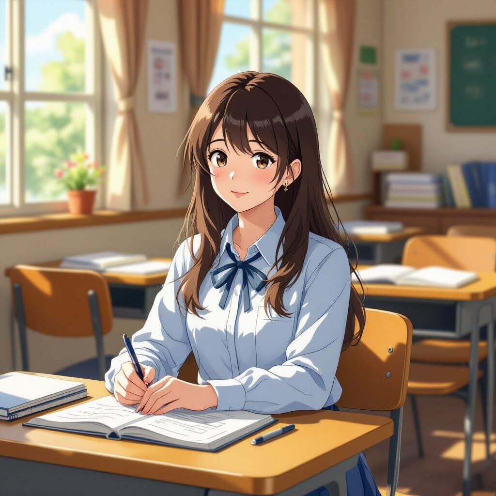 Girl in Classroom, Anime-Inspired Art Style