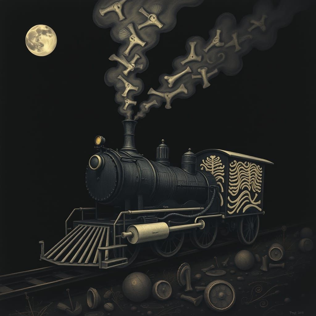 Creepy Bone Train in Surreal Black and White