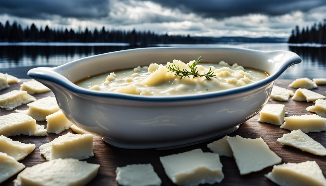 Gravy Boat Drifting on Potato Lake: Hyperrealistic HDR