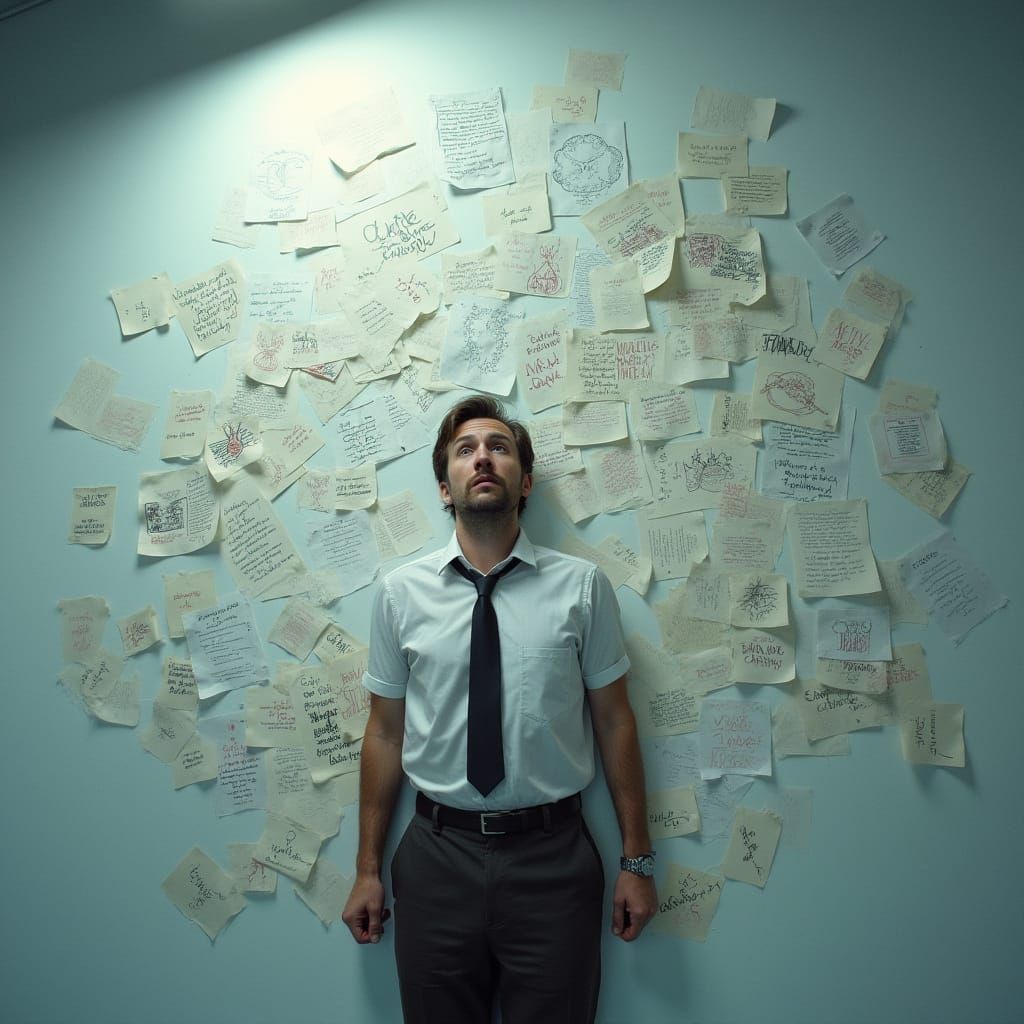 Man in Turmoil Surrounded by Chaotic Notes