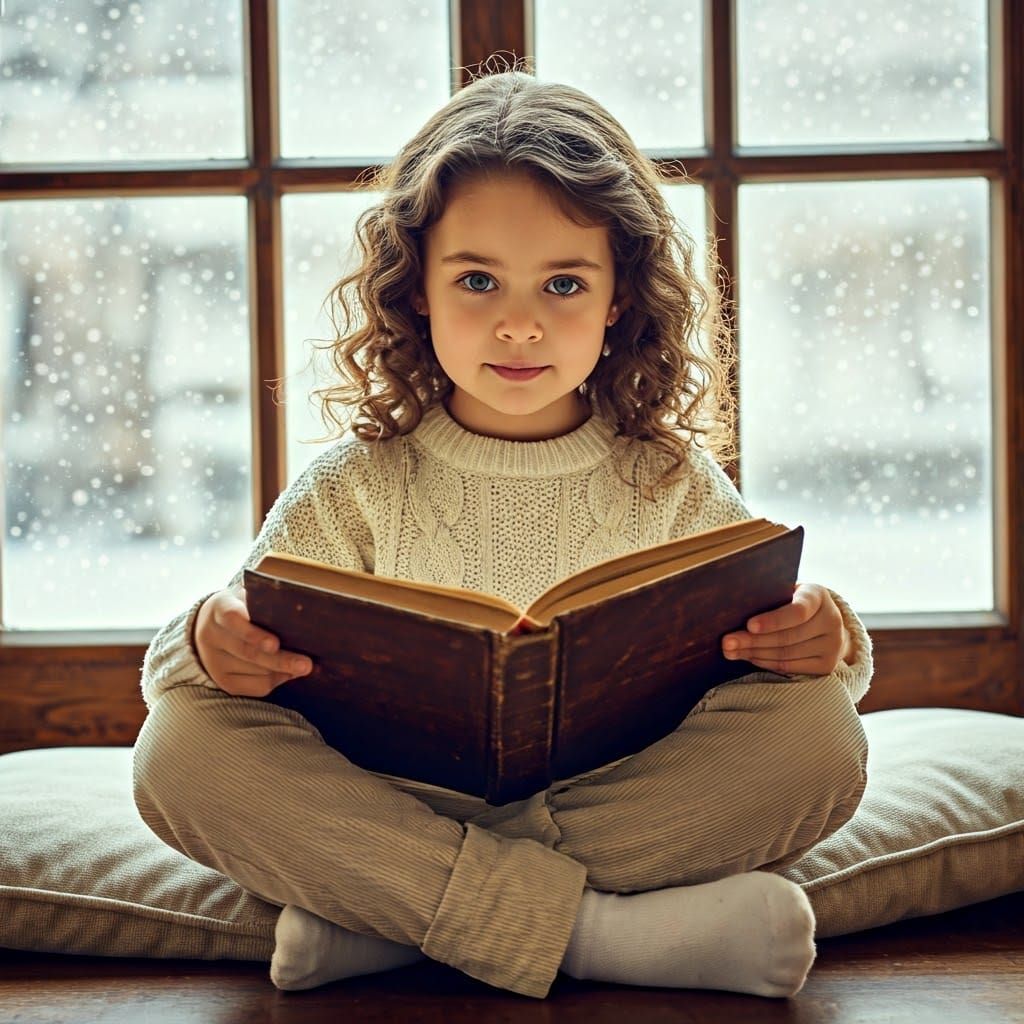 Girl Reading Book on Snowy Winter Day