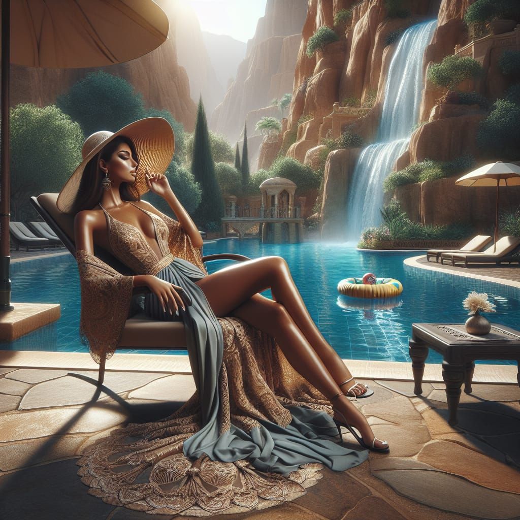 Woman Sunbathing by Pool with Waterfall