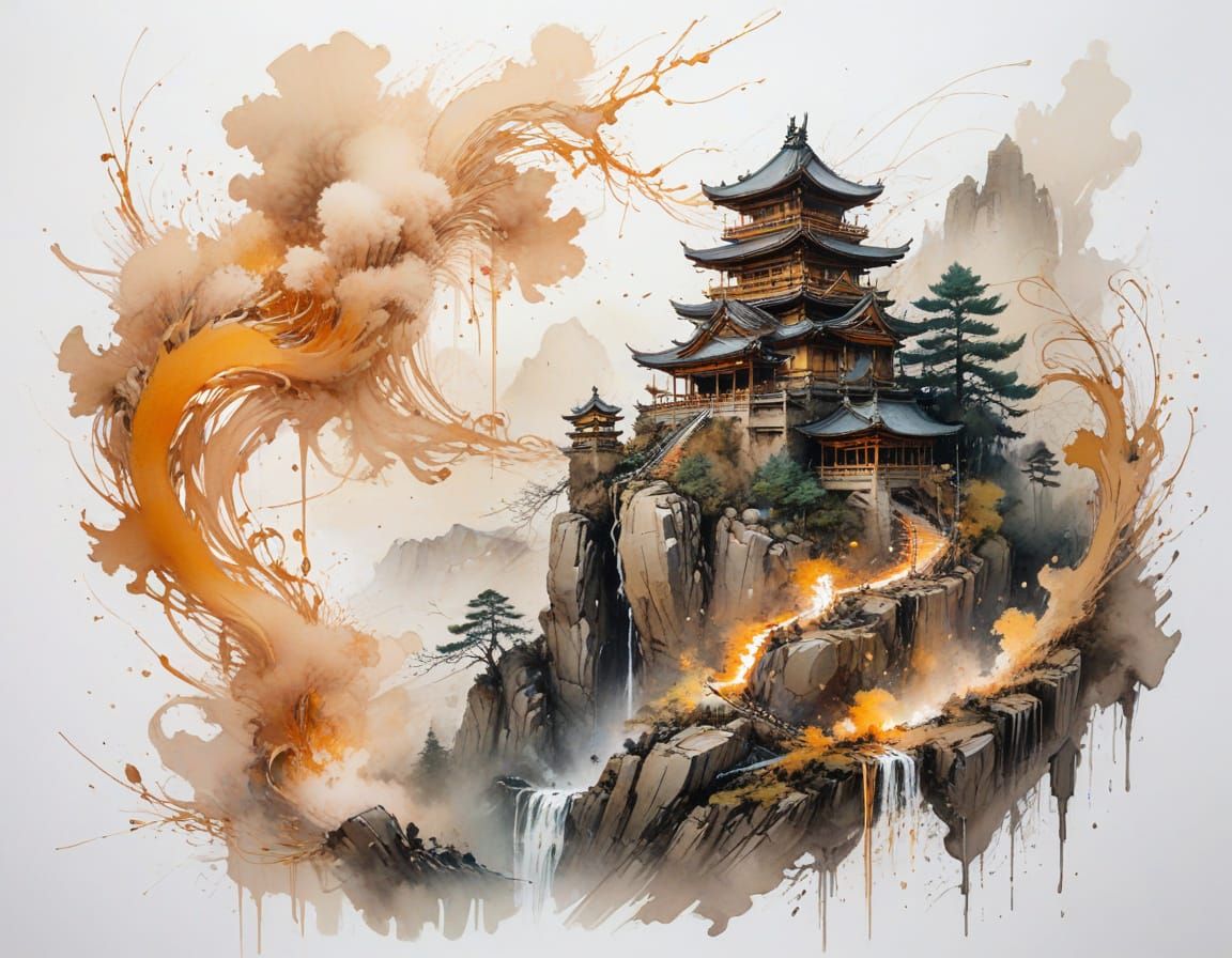 Ancient Mountain Temple in Mist, Japanese Ink Wash Style