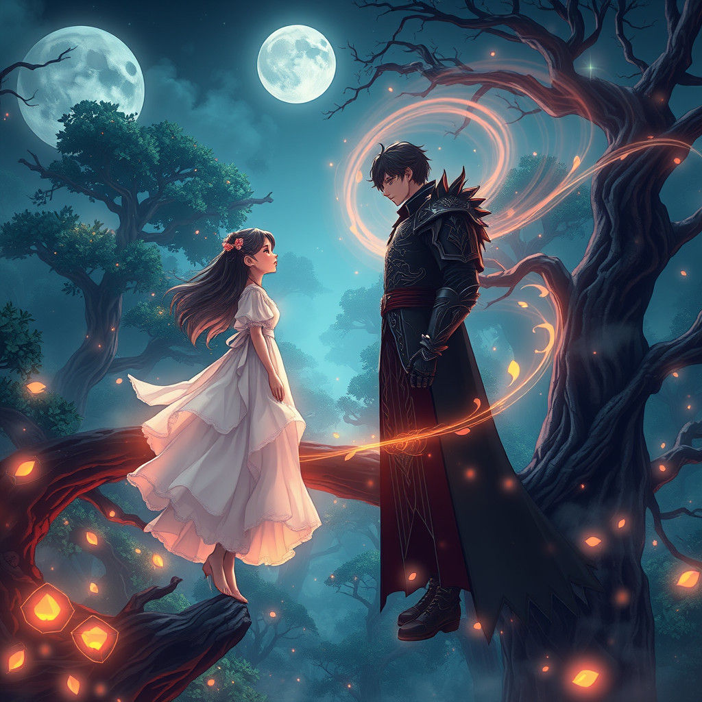 Mystical Encounter: Girl and Dark Lord on Luminous Bridge