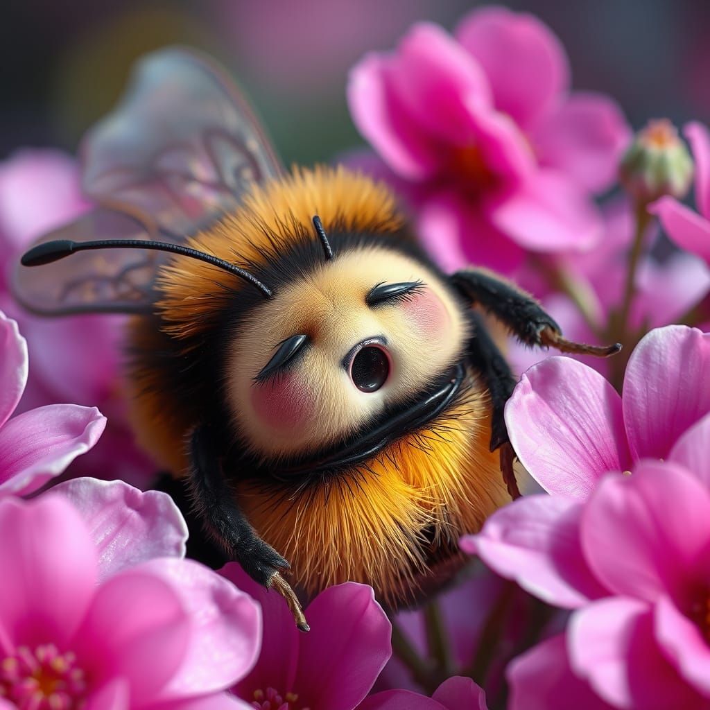 Sleepy Bumblebee in Watercolor Flower Garden