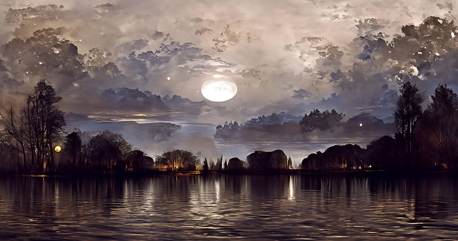 Moonlit Lake Panorama in Romanticism Style