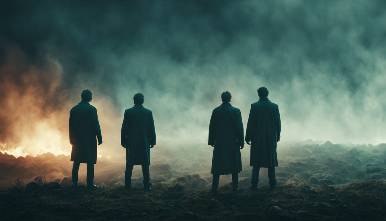 Men Standing in a Dramatic, Hyper-Realistic Landscape