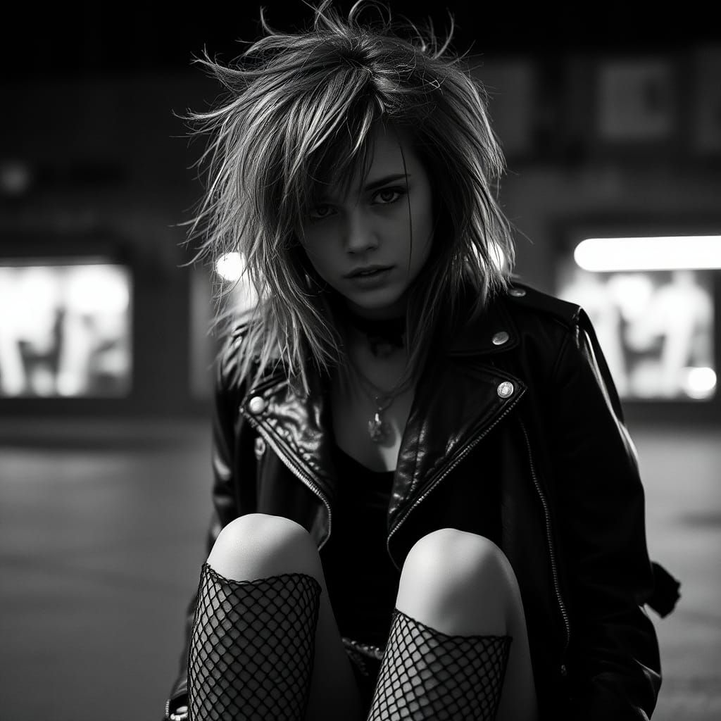 Punk Rock Girl: Gritty Black and White Portrait