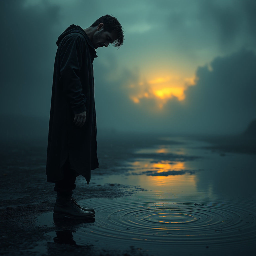 Sorrowful Figure in Rain, Fantasy Concept Art