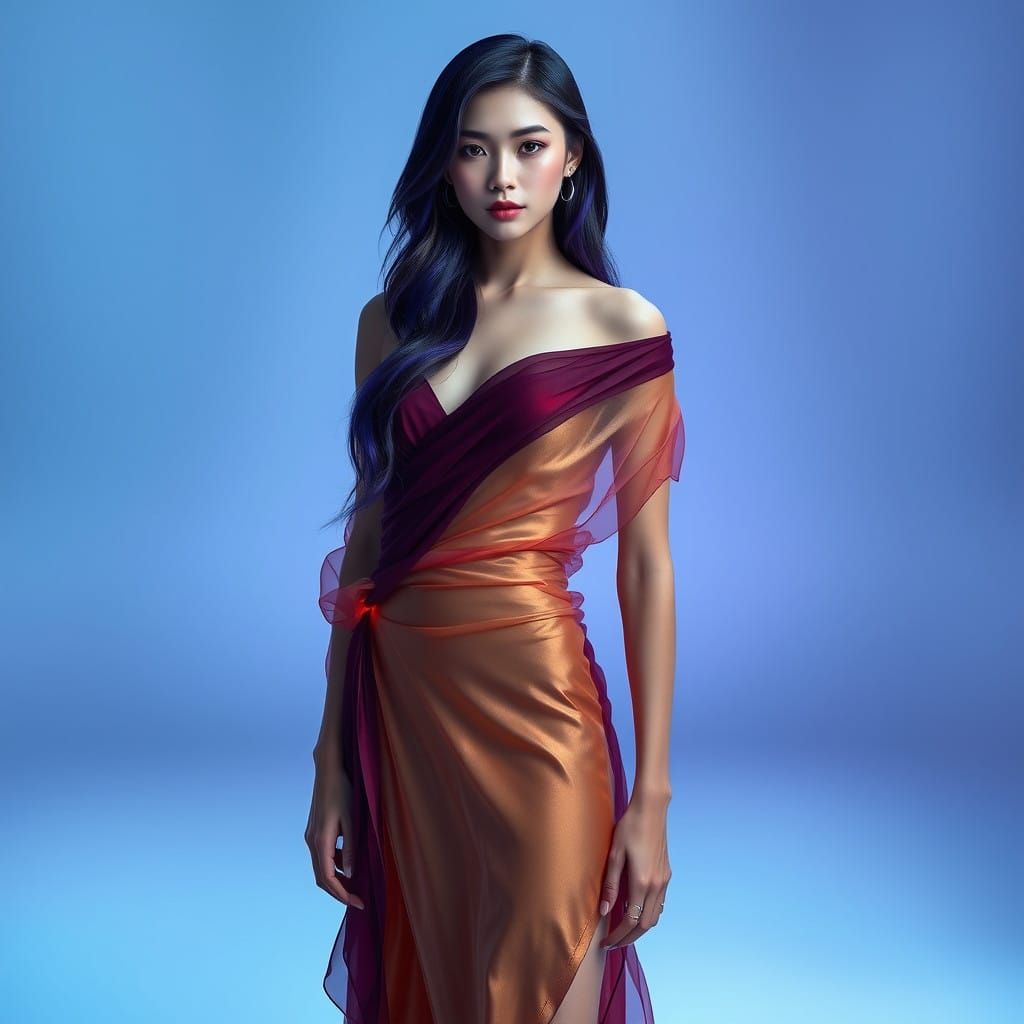 Elegant Cyberpunk Supermodel in Glowing Studio