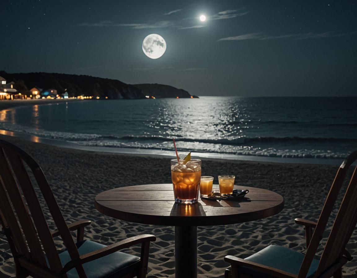 Hyperrealistic Night Beach Scene with Moonlit Waves