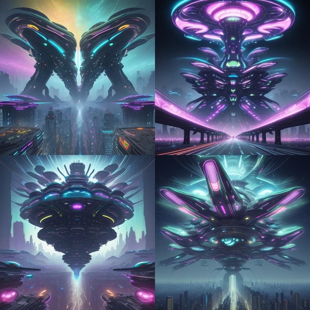 Alien Metropolis with Floating Platforms: Digital Art