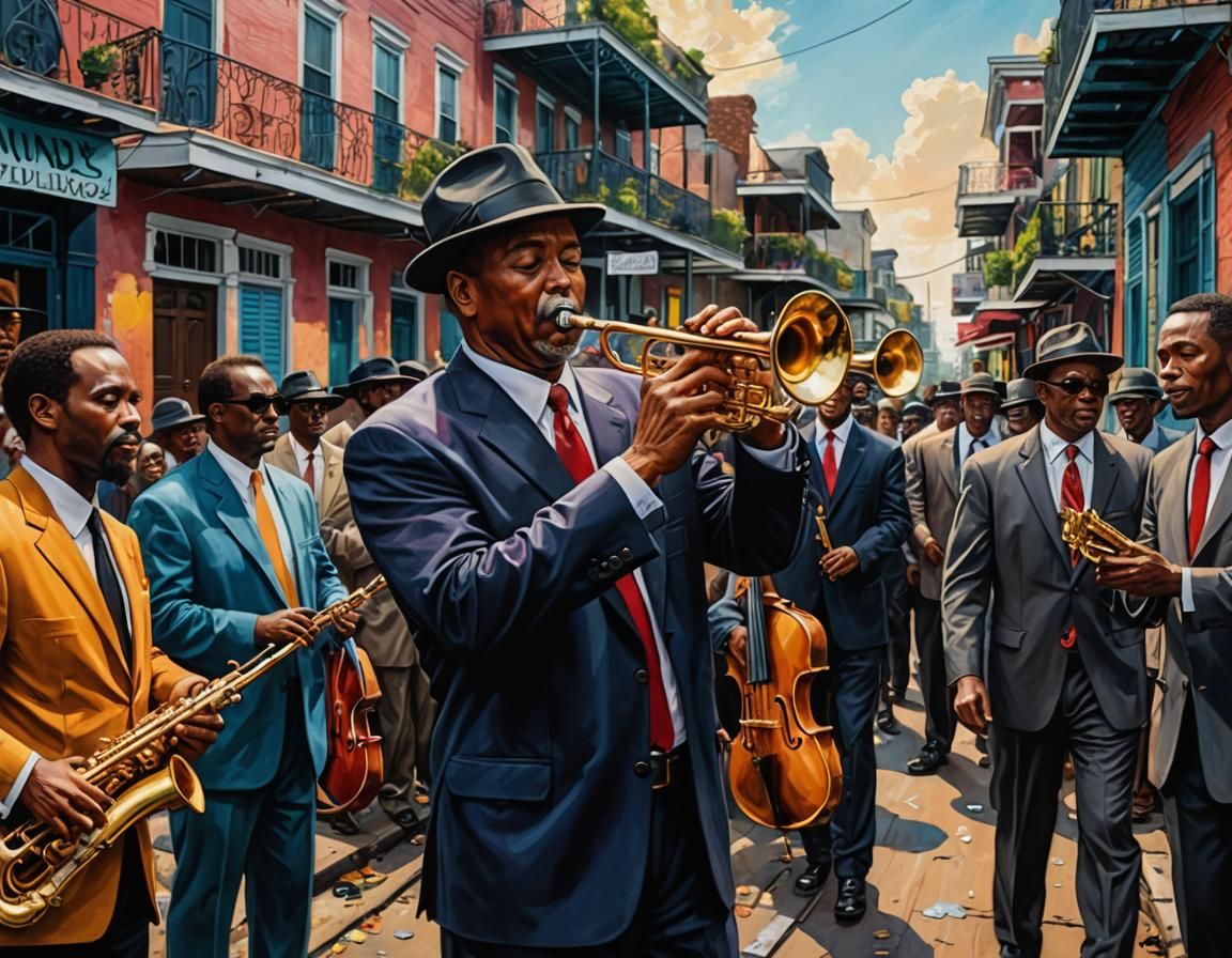 New Orleans Jazz Funeral in Hyperrealistic Splash Art