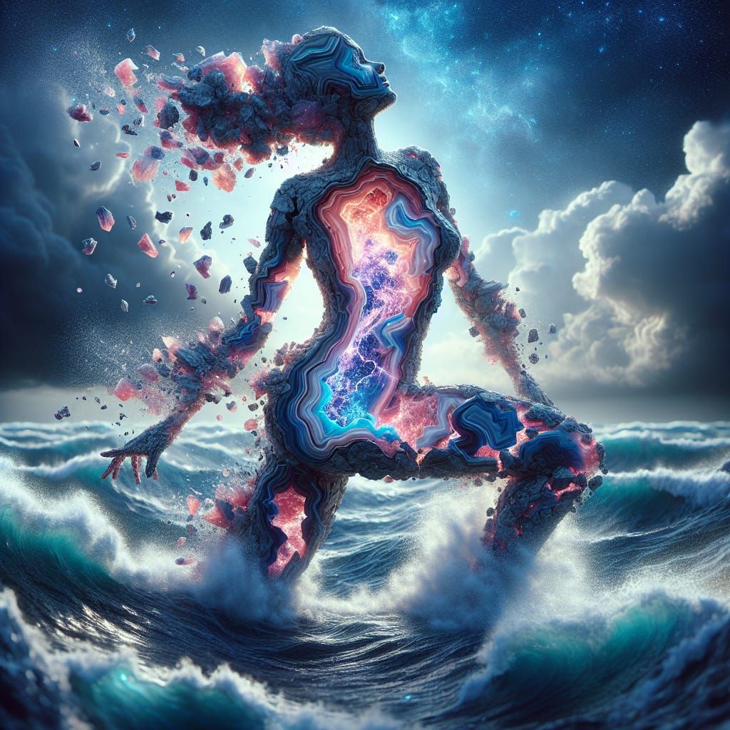 Female Geode Figure in Ocean Storm, Cosmic Core Revealed