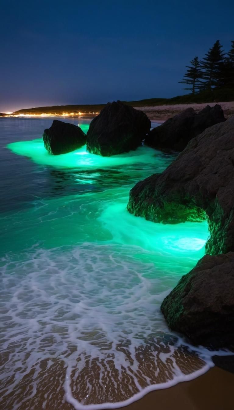 Bioluminescent Water Splashing on the Shore