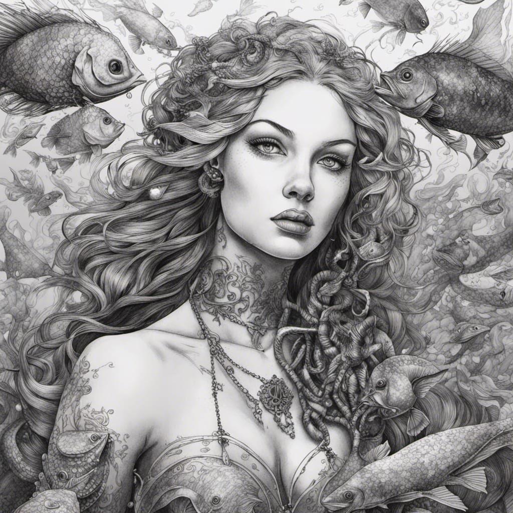 Tattooed Irish Pirate Mermaid in Gothic Ink Drawing