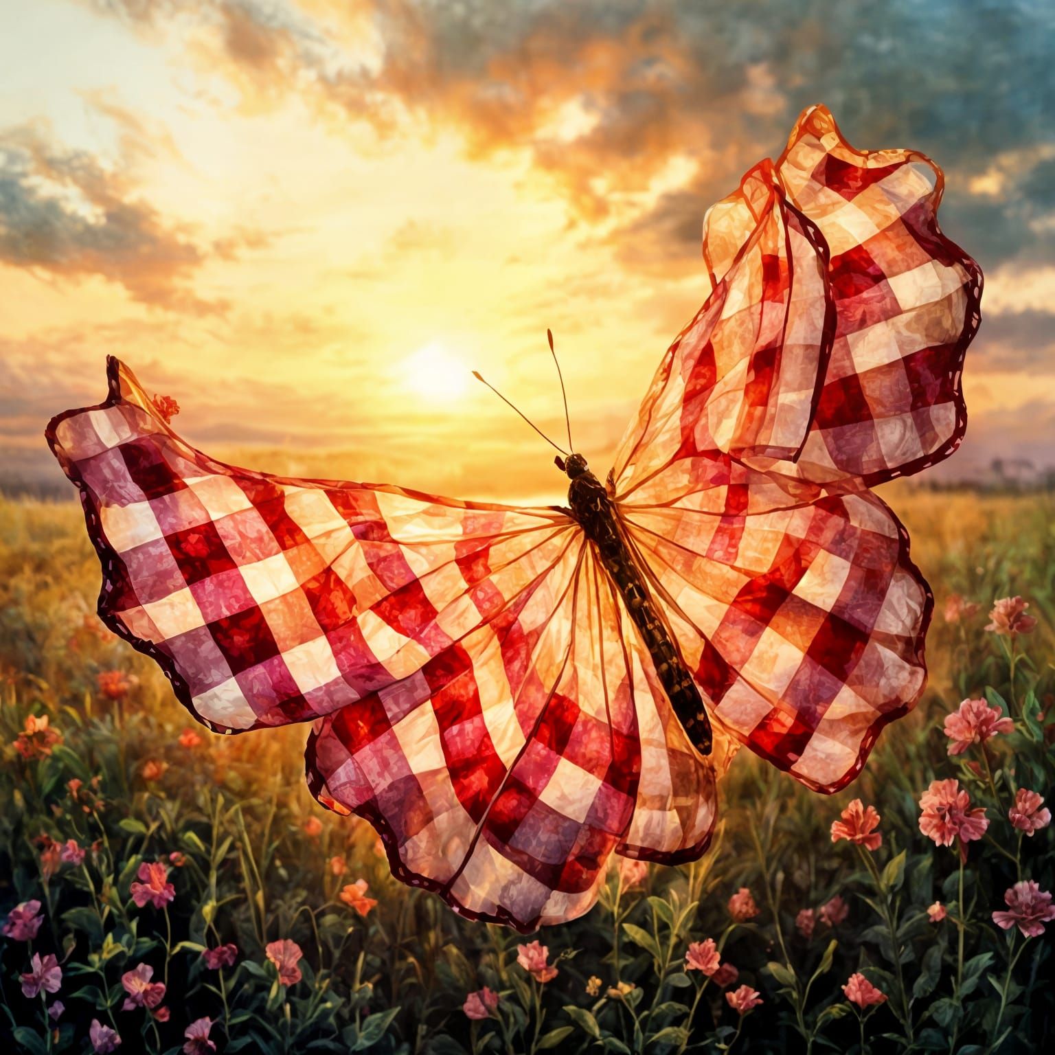 Sunset Butterfly in Vibrant Gingham Art