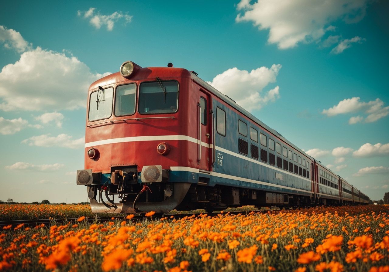 Vintage Train in Vibrant Flower Field, Golden Hour Lighting