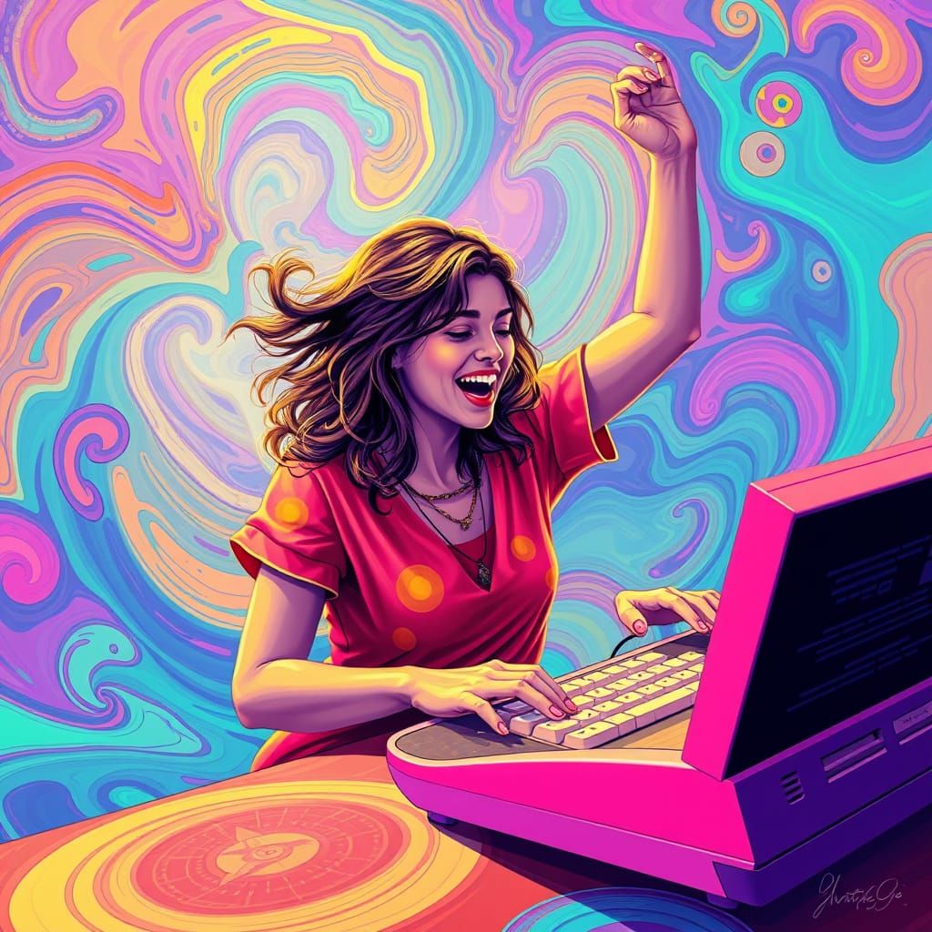 Psychedelic Woman Typing on Retro Keyboard