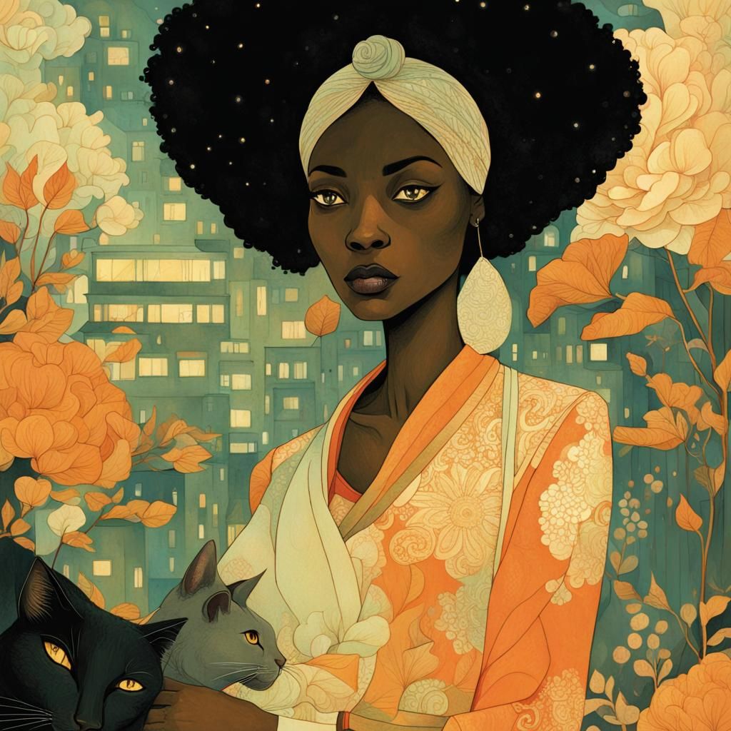 Black Woman with Cats, Illustrative Art Style