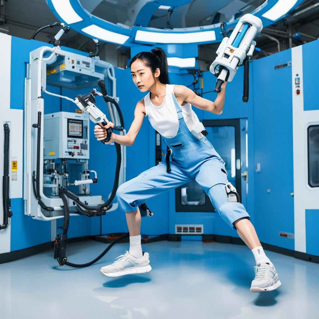 Japanese-Mexican Woman with Portal Gun in Testing Facility