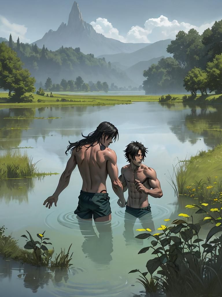 Athletic youthful males skinny dipping in a countryside lake...