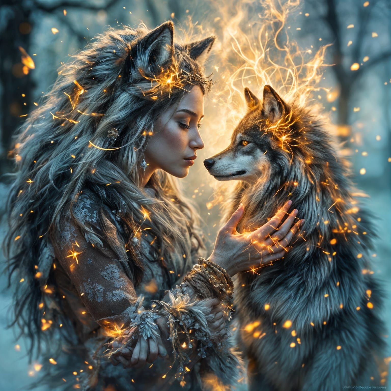 Ice-Age Woman and Wolf in Mystical Portrait